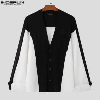 2023 Men Shirt Patchwork V Neck Long Sleeve Button Loose Streetwear Casual Cardigan Autumn Stylish Men Clothing S-3XL INCERUN 4