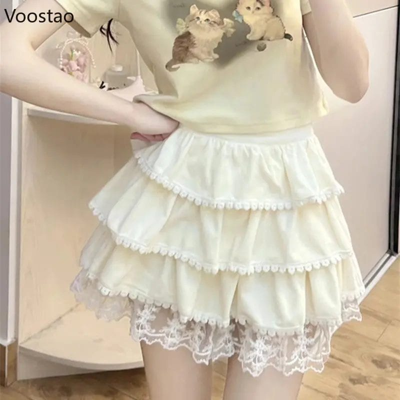 Spring Summer Sweet Lolita Style Mini Skirt Girls Harajuku Kawaii Lace Ruffles Tiered Skirts Women Cute High Waist A-Line Skirt 1