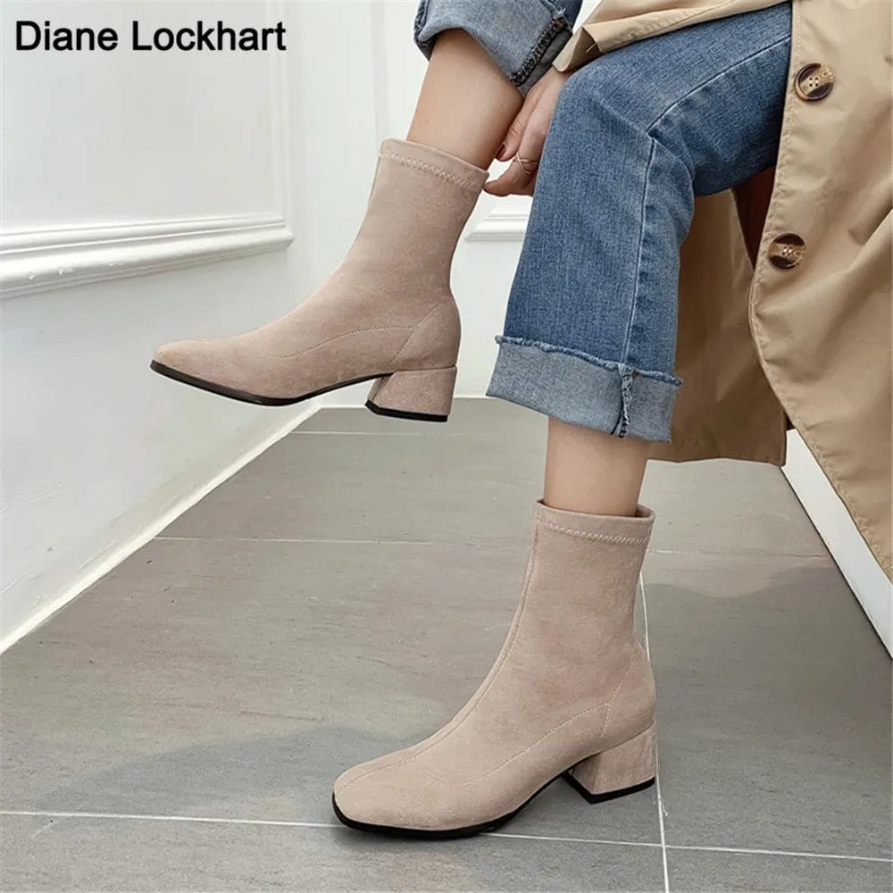 High Quality NEW Women Boots Suede Sock Boots Ankle Boots Pointed Toe Thick heel Women Shoes Sexy Women Boots Plus size 32-43 1