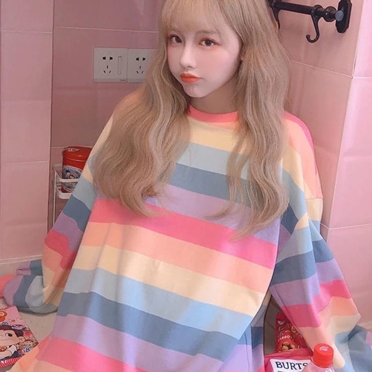 Sweet Rainbow Striped Hoodies Korean Fashion Spring Autumn Loose Sweatshirts Women Harajuku Y2k Hoodie Long Sleeve Tops Clothes 1