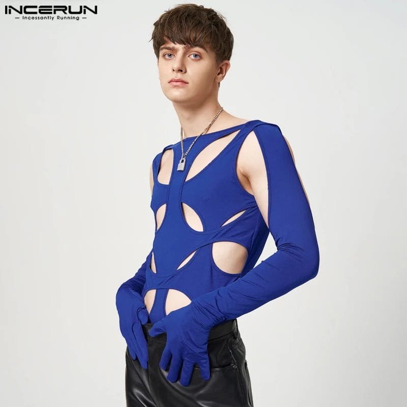 INCERUN 2024 Men Bodysuits Solid Color Hollow Out Sexy O-neck Gloves Long Sleeve Rompers Streetwear Irregular Bodysuit S-5XL 1