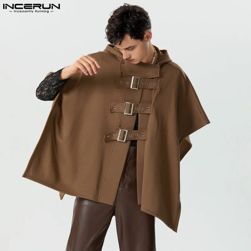 2023 Men Cloak Coats Solid Color Hooded Button Irregular Trench Ponchos Streetwear Loose Fashion Casual Male Cape S-5XL INCERUN 1