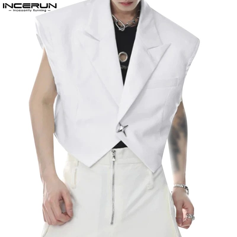 INCERUN Men's Vests Solid Lapel Sleeveless One Button Streetwear Male Crop Waistcoats 2024 Fashion Casual Irregular Vests S-5XL 1