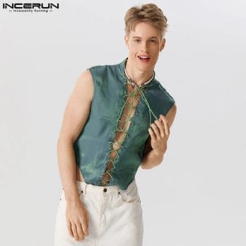 2023 Men Tank Tops Shiny V Neck Solid Color Sleeveless Lace Up Vests Streetwear Sexy Summer Fashion Men Clothing S-5XL INCERUN 2