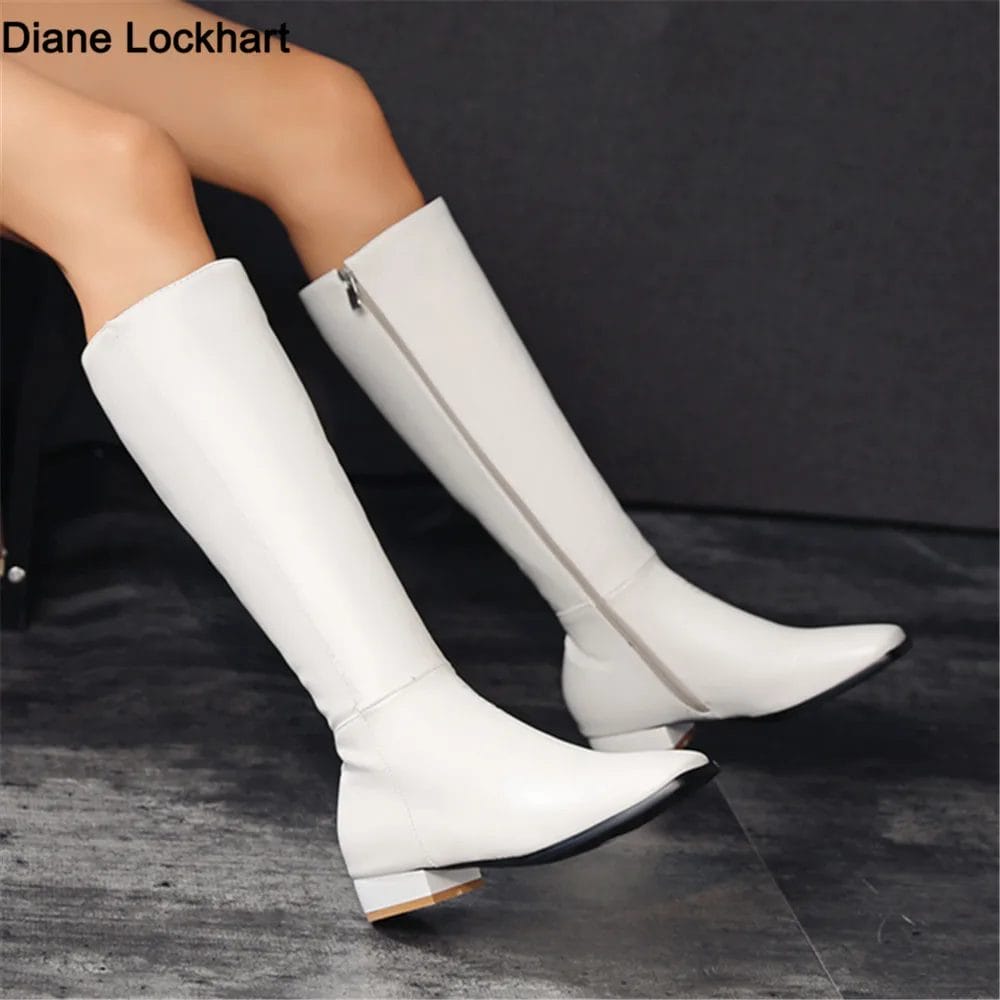 Winter PU Leather Women Knee High Boots Motorcycle Square Toe Zip Footwear Low Heels Female Riding Ladies Long Boats 2023 New 1