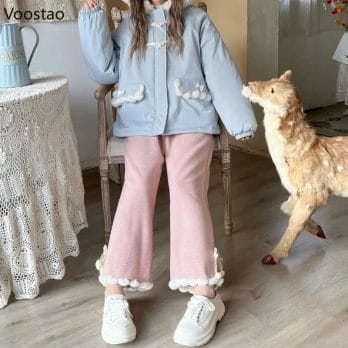 Japanese Kawaii Lolita Lace Bow Plaid Wide Leg Pants Autumn Winter Girl Sweet Casual Woolen Trousers Female Cute Warm Sweatpants 3
