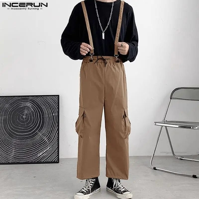 2023 Men's Cargo Pants Jumpsuits Solid Drawstring Streetwear Straps Rompers Loose Pockets Fashion Casual Overalls S-5XL INCERUN 1
