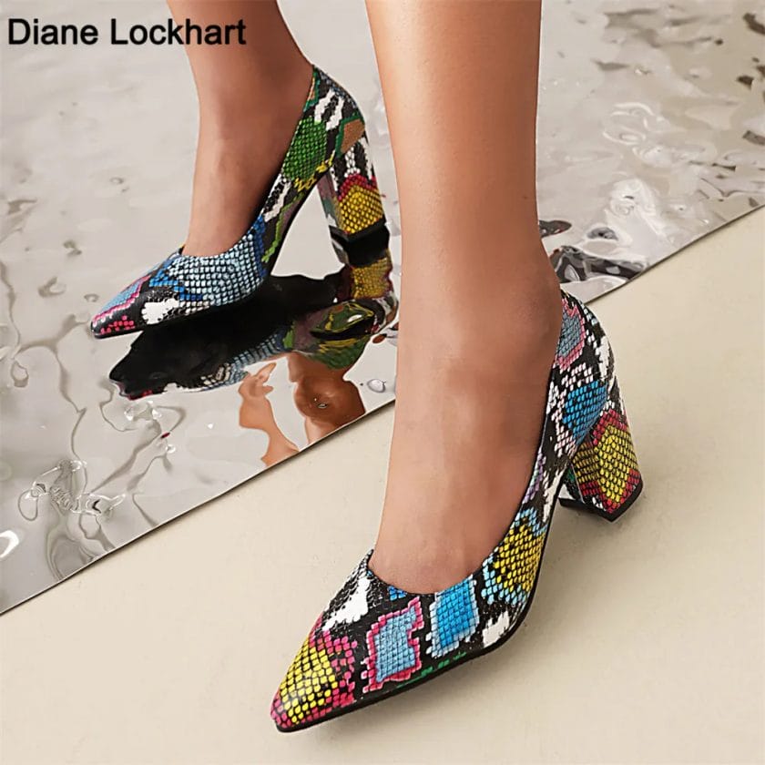 New Women Pumps Snake Pattern Printing High heels 7.5cm Lady Shallow Thick heel Autumn Dress Party Pointed Single Female Shoes 1