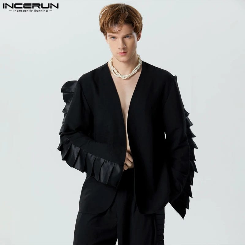INCERUN 2023 Men Shirt Ruffle Patchwork V Neck Long Sleeve Open Stitch Male Cardigan Streetwear Fashion Kimono Casual Camisas 1