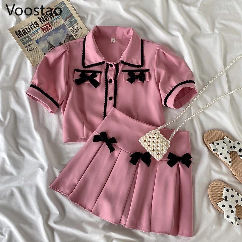 Summer Sweet Lolita Style Princess Skirt Sets Girls Cute Bow Short Sleeve T-Shirt Crop Tops High Waist Mini Skirts Women 2PC Set 1