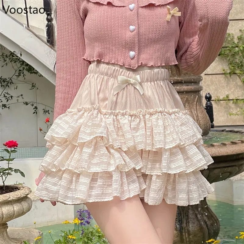 Japanese Kawaii Lolita Mini Skirt Women Summer Cute High Waist Bow Ruffles Tiered Skirts Girly Korean Fashion Princess Skirts 1