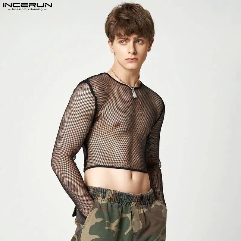 INCERUN Men T Shirt Mesh Transparent Sexy Skinny O-neck Long Sleeve Crop Tops Streetwear 2023 Party Nightclub Camisetas S-5XL 1