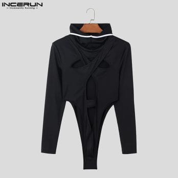 2023 Men Bodysuits Patchwork Hooded Hollow Out Streetwear Sexy Male Rompers Fitness Long Sleeve Fashion Bodysuit S-3XL INCERUN 5