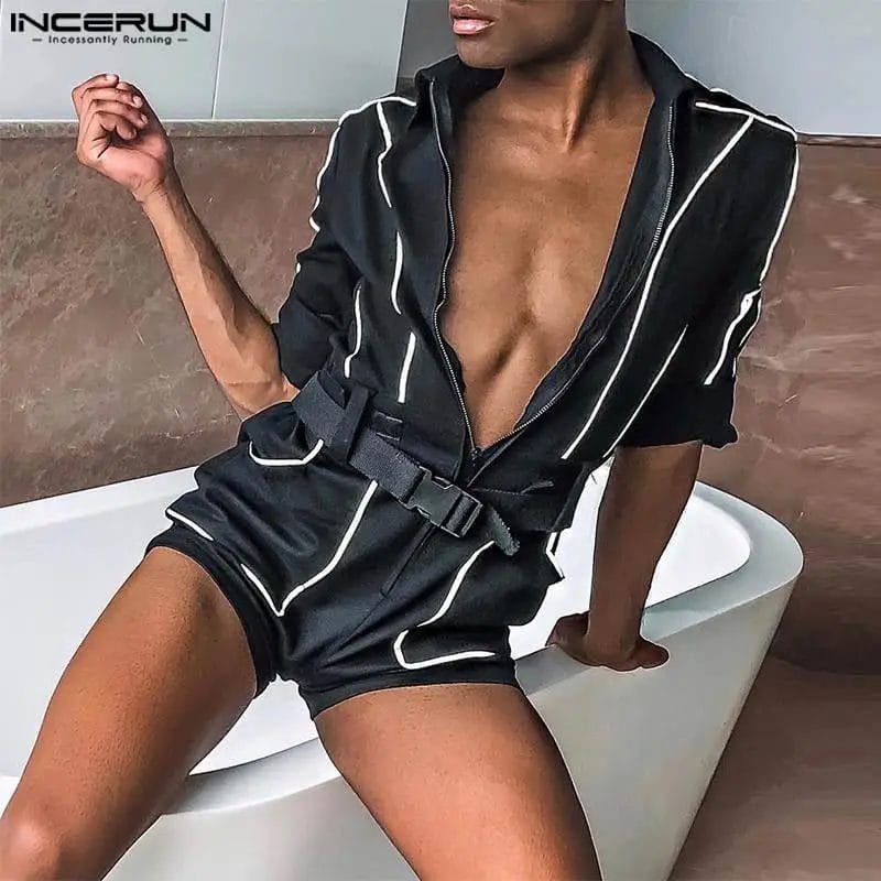 Men Rompers Patchwork Lapel Short Sleeve Zipper Streetwear Jumpsuits With Belt Shorts 2023 Fashion Casual Male Playsuits INCERUN 1
