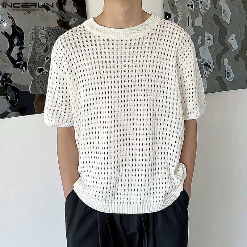 INCERUN 2023 Men T Shirt Mesh Transparent Solid O-neck Short Sleeve Streetwear Camisetas Summer Stylish Casual Tee Tops S-5XL 1