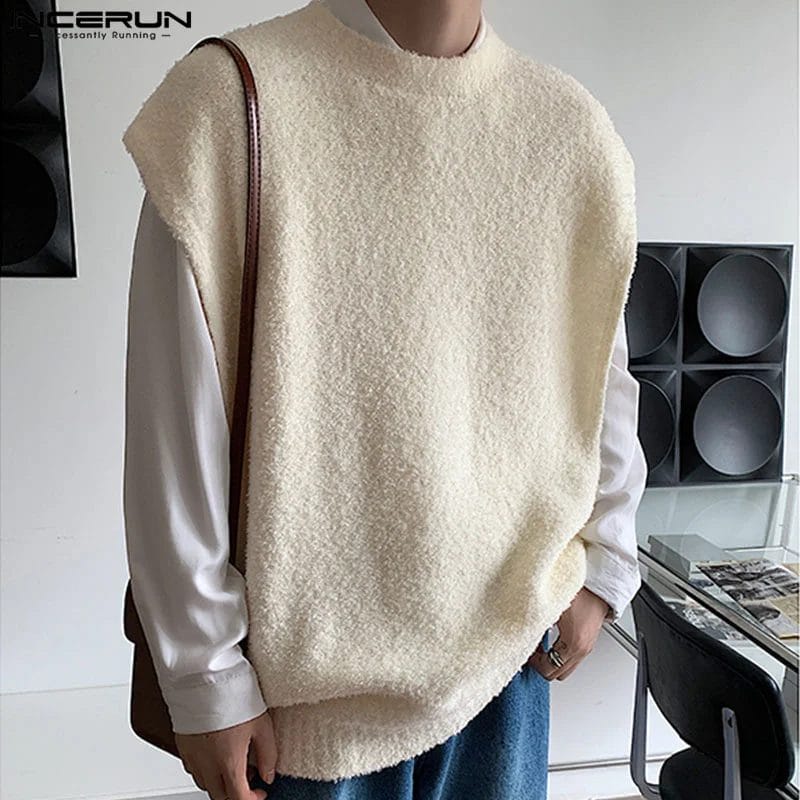 Men Vests Solid Color O-neck Sleeveless Plush Autumn Streetwear Casual Male Waistcoats Korean 2023 Fashion Vests S-5XL INCERUN 1