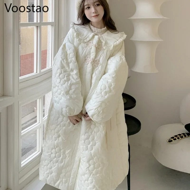 Winter Sweet Lolita Peter Pan Collar Thicken Long Parkas Women Korean Kawaii Loose Cotton Padded Coats Female Lace Bow Outwear 1