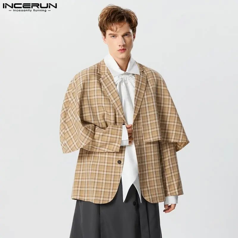 2023 Men Plaid Blazer Lapel Long Sleeve Button Loose Casual Irregular Suits Men Autumn Streetwear Fashion Coats S-5XL INCERUN 1