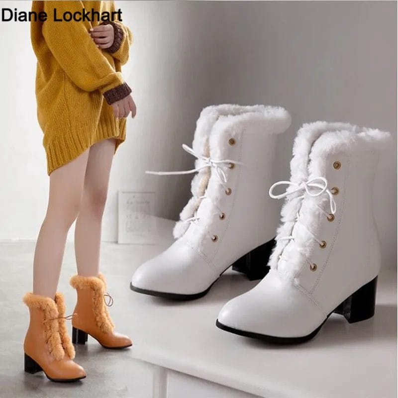 2023 Autumn Winter Fur Women Ankle Boots Quality Solid Lace-up Ladies Shoes Fashion Square High Heels Boats Botines Mujer 33 1