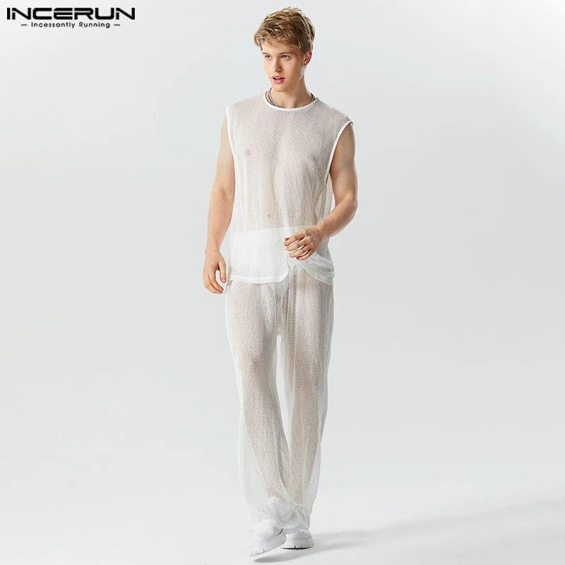 Men Sets Streetwear Mesh Transparent O-neck Sleeveless Tank Tops & Pants 2PCS 2023 Solid Color Fashion Men's Suits S-5XL INCERUN 1