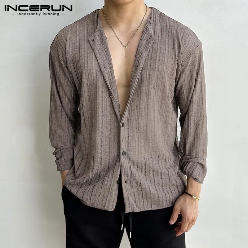 2023 Men Shirt Striped V Neck Long Sleeve Button Knitted Men Clothing Korean Style Streetwear Autumn Casual Shirts S-5XL INCERUN 1