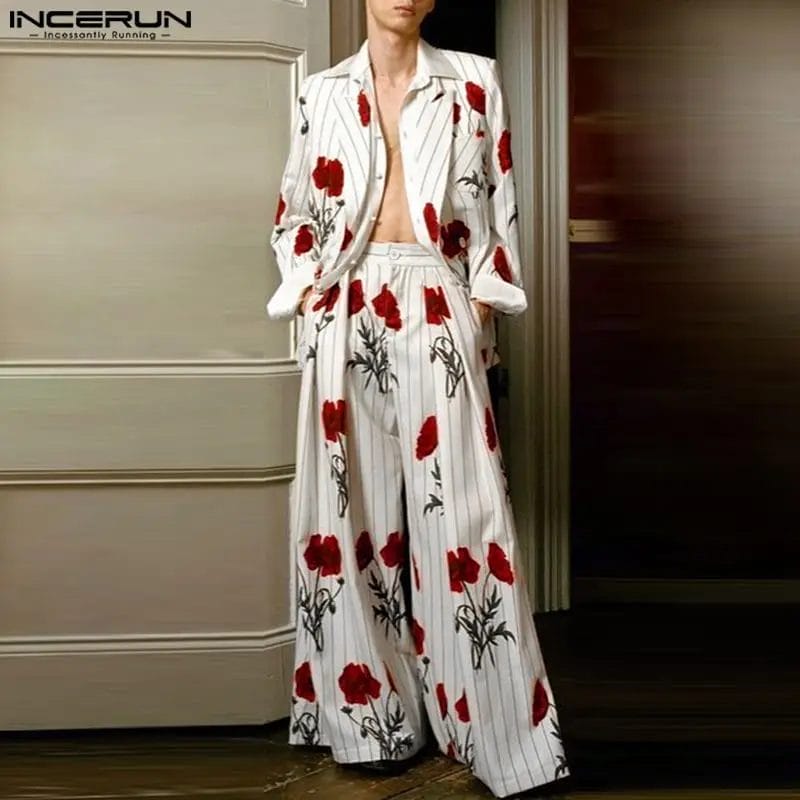 2023 Fashion Men Sets Streetwear Flower Printing Lapel Long Sleeve Blazer & Pants 2PCS Loose Men's Casual Suits S-5XL INCERUN 1
