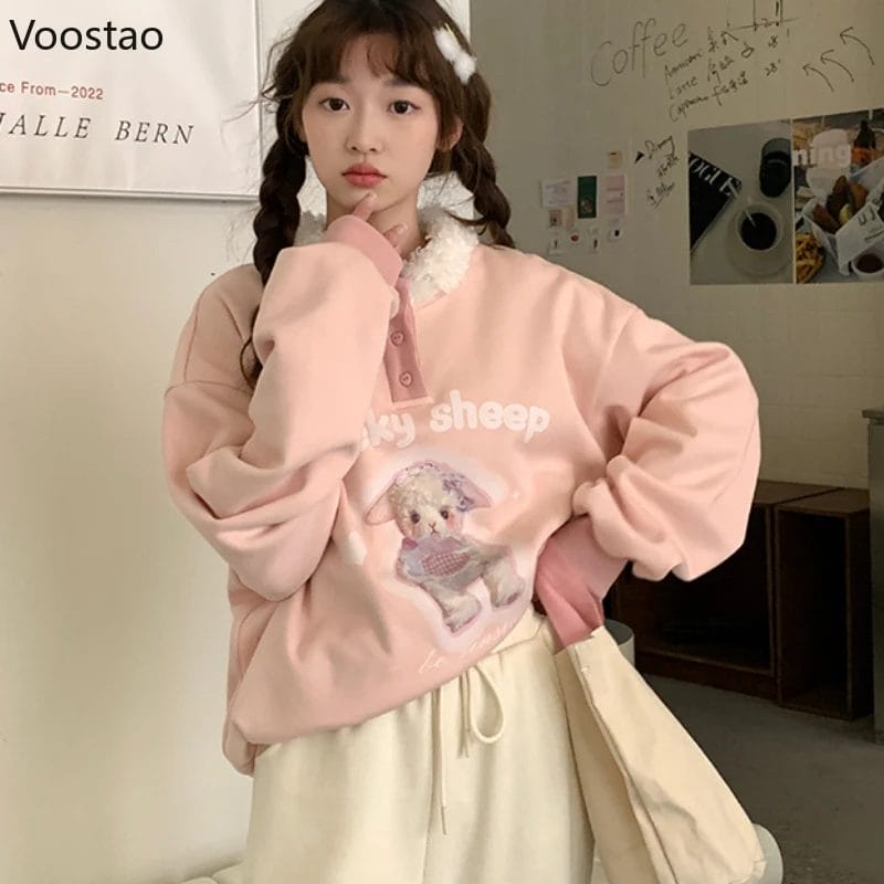 Cute Cartoon Sheep Lolita Hoodies Women Sweet Plush Collar Pullovers Y2k Cute Sweatshirt Korean Autumn Winter Clothes Women Tops 1