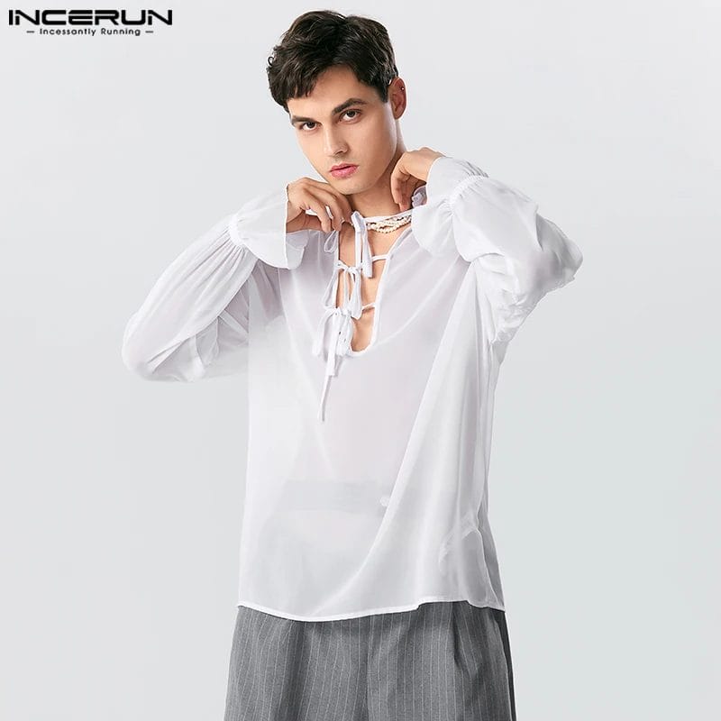 2023 Men Shirt Solid Stand Collar Long Sleeve Lace Up Camisas Transparent Loose Streetwear Fashion Men Clothing INCERUN S-5XL 1