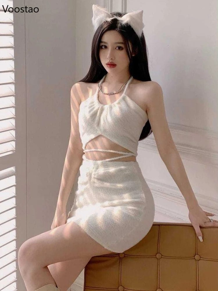 Sexy Fashion Knitted Skirt Set Women Elegant Sleeveless Halterneck Sweater Mini Skirts Suit Female Korean Chic Slim 2 Piece Sets 1