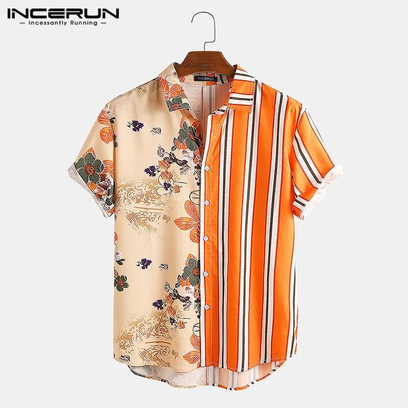 INCERUN Summer Men Shirt 2024 Printing Striped Patchwork Short Sleeve Lapel Streetwear Fashion Male Hawaiian Shirt Casual Camisa 1