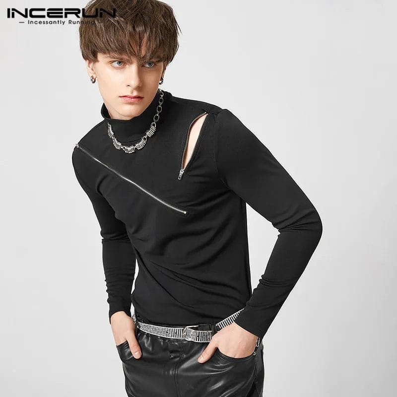 2023 Men T Shirts Turtleneck Long Sleeve Zipper Hollow Out Casual Men Clothing Solid Color Streetwear Stylish Camisetas INCERUN 1
