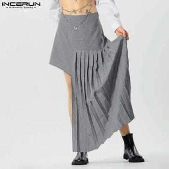 INCERUN Men Irregular Skirts Solid Pleated Zipper 2023 Casual Men Bottoms Streetwear Personality Fashion Unisex Skirts Trousers 2