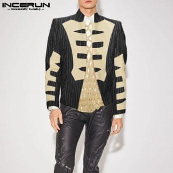 INCERUN Men Jackets Striped Patchwork Stand Collar Long Sleeve Open Stitch Fashion Coats Streetwear 2023 Elegant Outerwear S-5XL 2