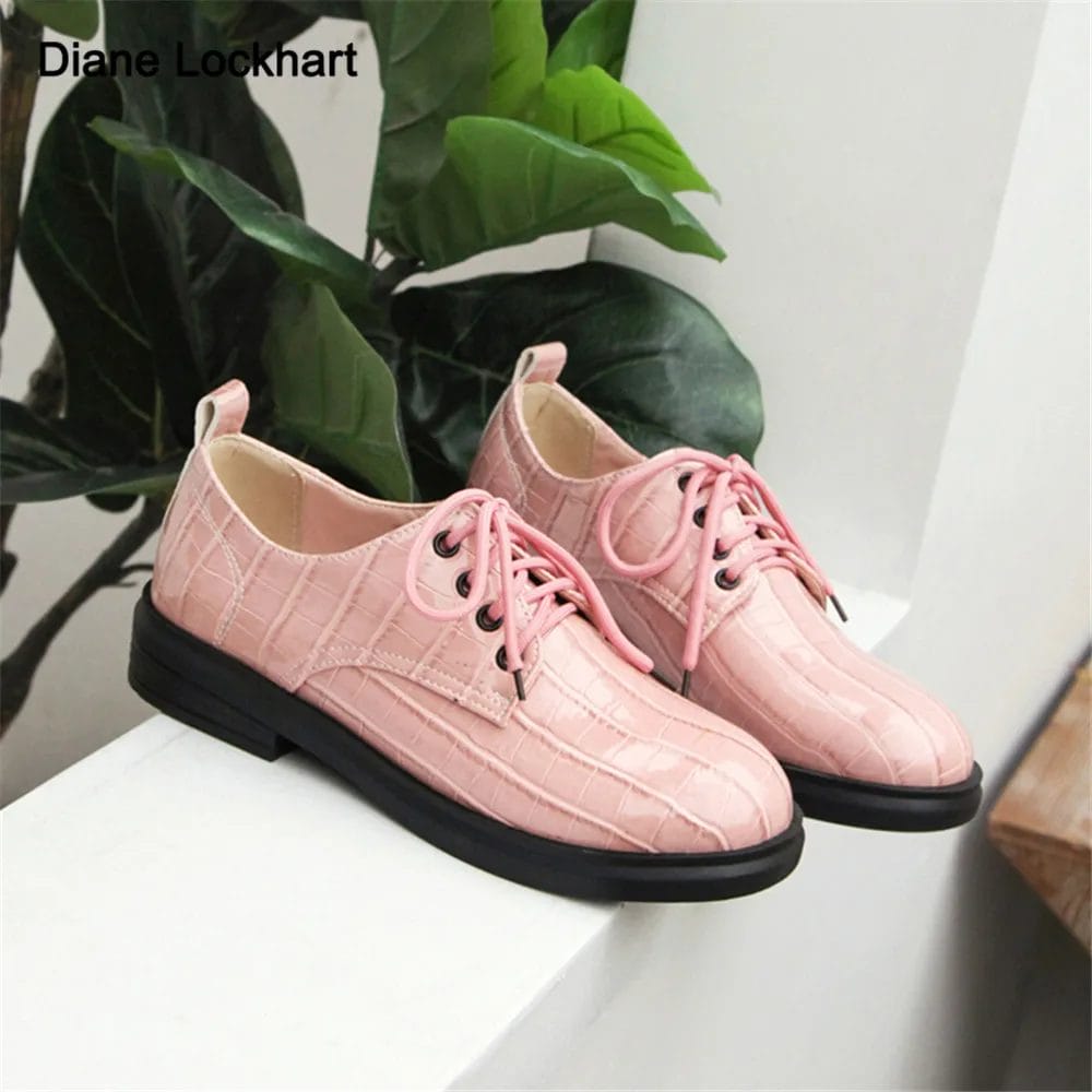 2023 Spring New Woman Oxford Shoes PU Leather Lace Up Casual Shoes Platform Work Shoes Pink Black Flats Zapatos Mujer Loafers 1