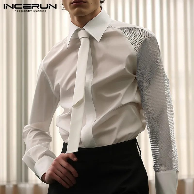INCERUN Men's Shirt Mesh Patchwork Lapel Long Sleeve Button With Tie Fashion Men Clothing Streetwear 2024 Casual Camisas S-5XL 1