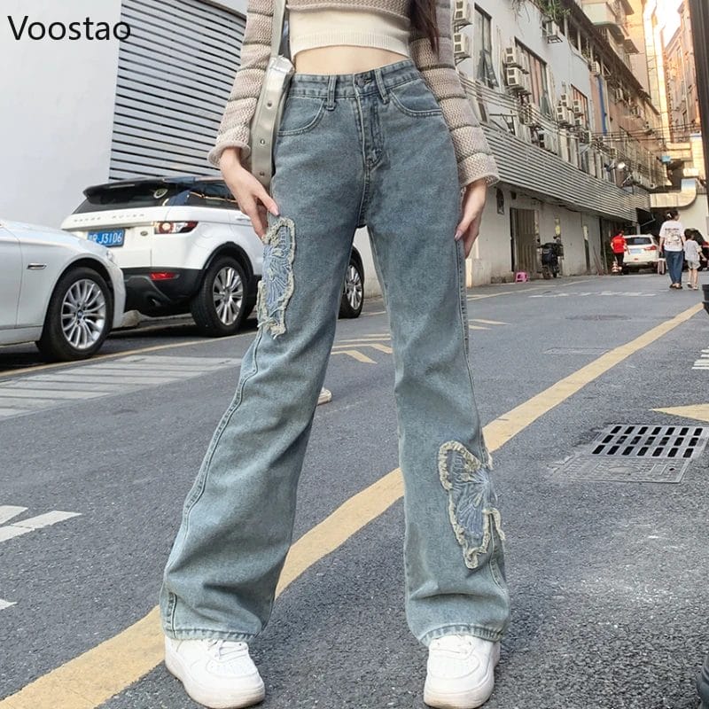Vintage Y2k Butterfly Embroidery Blue Jeans Women High Street Loose High Waist Denim Pants Female Casual Streetwear Trousers 1