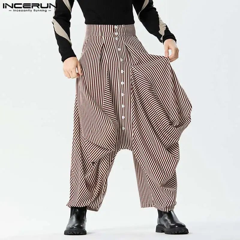 INCERUN Men's Striped Pants Button Joggers Loose Fashion Drop-Crotch Trousers Men Streetwear 2024 Casual Irregular Pants S-5XL 1