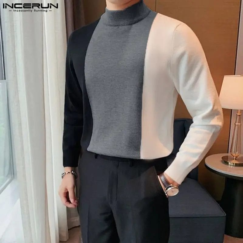 2023 Men T Shirt Patchwork Streetwear Turtleneck Long Sleeve Casual Men Clothing Knitted Korean Leisure Tee Tops S-5XL INCERUN 1
