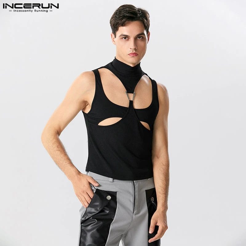 2023 Men Tank Tops Solid Turtleneck Sleeveless Hollow Out Streetwear Male Vests Summer Sexy Fitness Fashion Men Clothing INCERUN 1