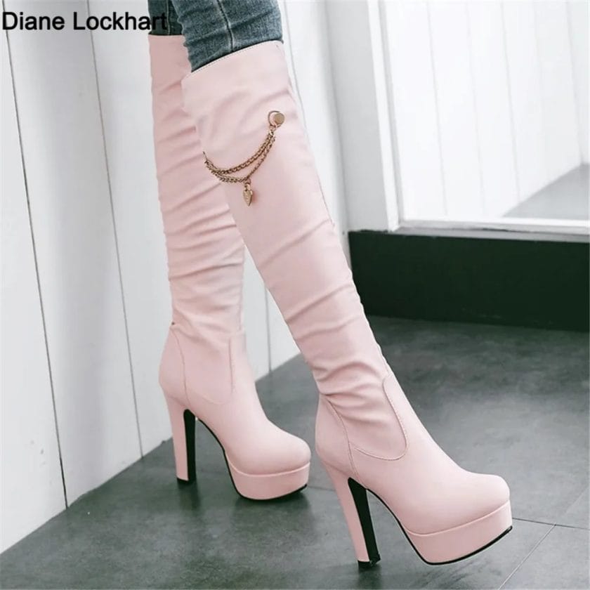 2024 Autumn Winter Knee High Boots Women Fashion Pink White Black Stiletto Heel Long Booties Ladies Chain Platform Boats Mujer 1