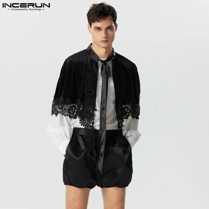 2023 Men Cloak Coats Lace Velour Patchwork Lace Up Streetwear Casual Male Ponchos Personality Fashion Cape Crop Trench INCERUN 1