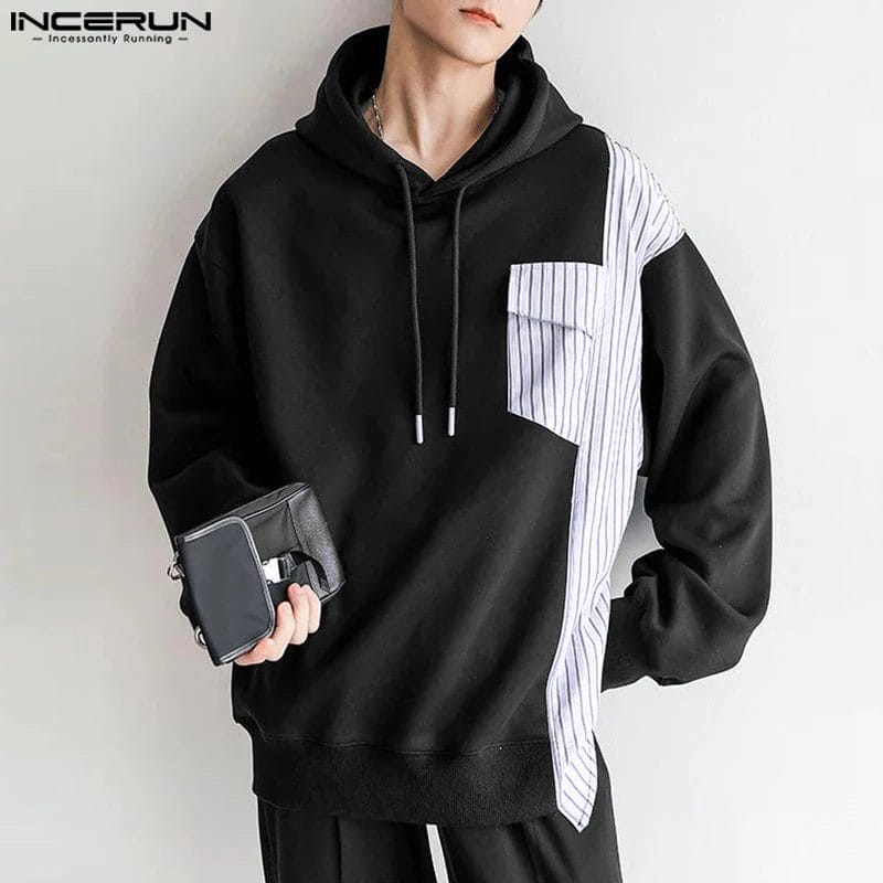 Men Hoodies Striped Patchwork Hooded Long Sleeve Loose Male Sweatshirts Streetwear 2023 Korean Fashion Casual Pullovers INCERUN 1