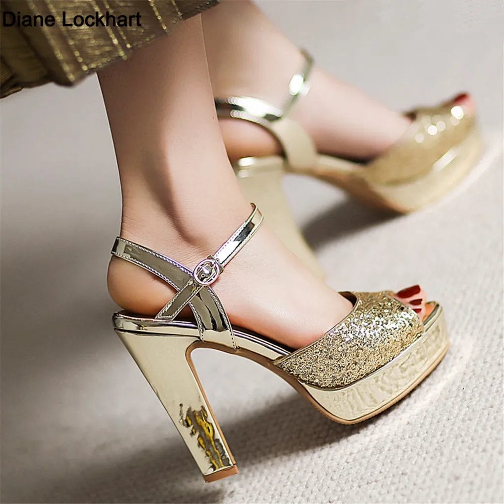 Summer Women Sequinted Open Toe Sandals Fashion Buckl Square High Heels Black Gold Sliver Rome Ladies Dress Platform Shoes 32-43 1