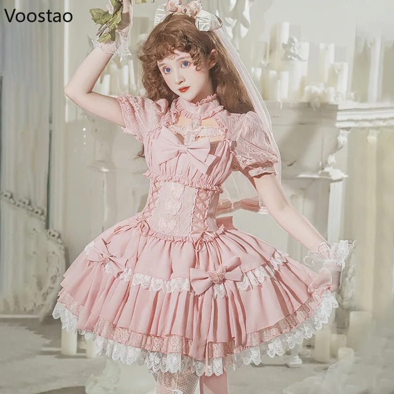 Vintage Gothic Lolita OP Dress Women Elegant Sweet Bow Lace Butterfly Embroidery Puff Sleeve Party Dresses Girls Fairy Dress 1