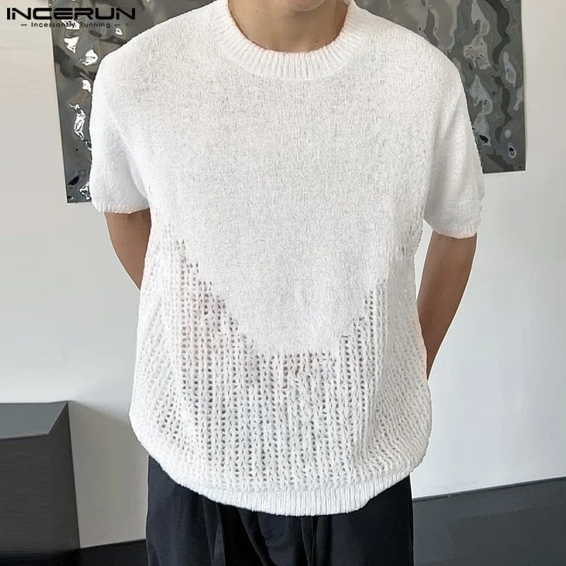 INCERUN Men T Shirts Mesh Patchwork Transparent O-neck Short Sleeve Men Clothing Streetwear 2024 Fashion Casual Tee Tops S-5XL 1