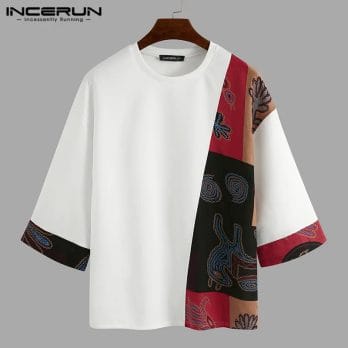 INCERUN Men Casual T Shirt Loose Printed Patchwork Round Neck Half Sleeve Vintage Tees 2023 Streetwear Mens T-shirts Plus Size 4