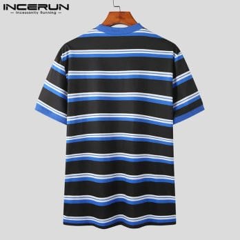Men T Shirt Striped Hollow Out O-neck Short Sleeve Sexy Color-block Casual Men Clothing Summer 2023 Streetwear Camisetas INCERUN 3