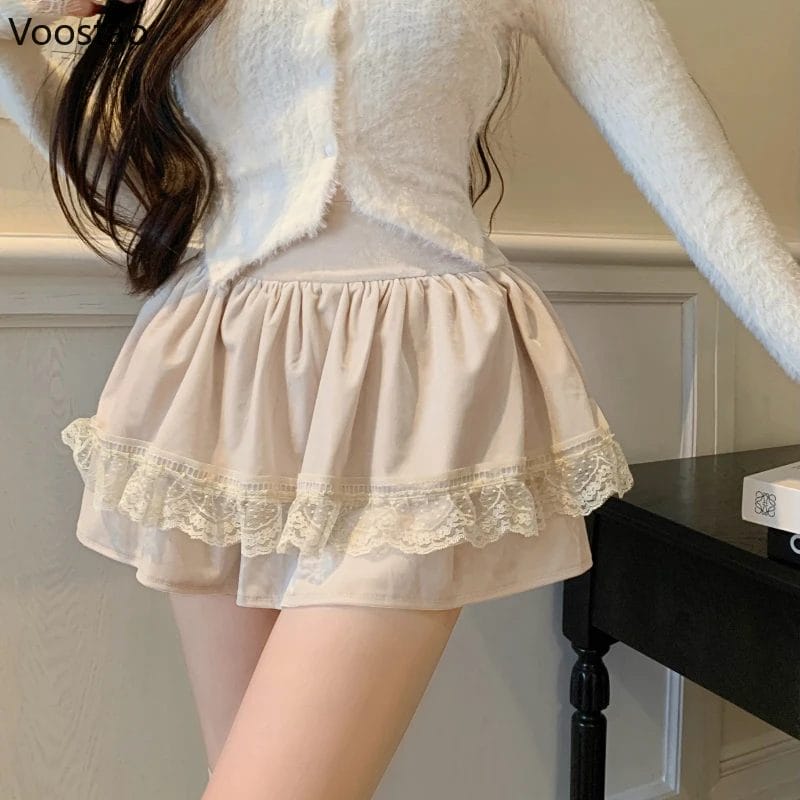Gothic Y2k Lolita Velvet Skirt Women Sweet High Waist Lace Ruffles Mini Cake Skirts Female Korean Elegant Casual Short Skirt 1