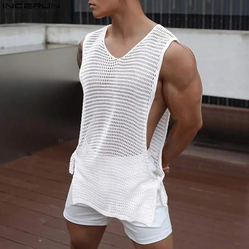 Men Tank Tops Mesh Solid Color V Neck Sleeveless Transparent Male Vests Lace Up 2023 Sexy Summer Streetwear Tops S-5XL INCERUN 1