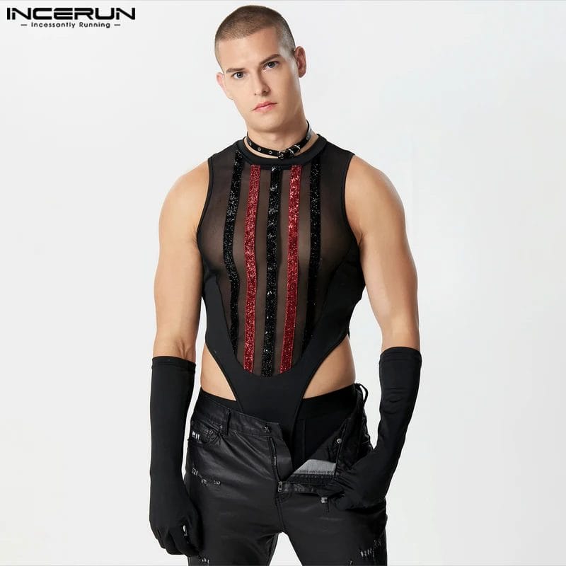 2024 Men Bodysuits Shiny Striped Patchwork Gloves O-neck Sleeveless Streetwear Bodysuit Sexy Fashion Male Rompers S-5XL INCERUN 1